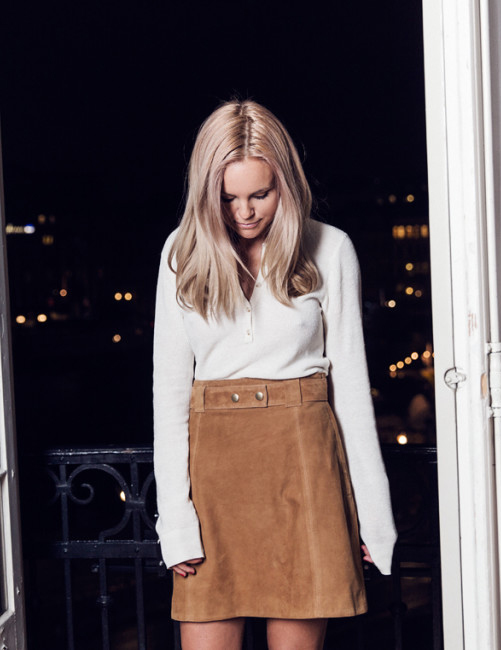 Suede Trend 2015: Sofi Fahrman is wearing a brown suede skirt from .