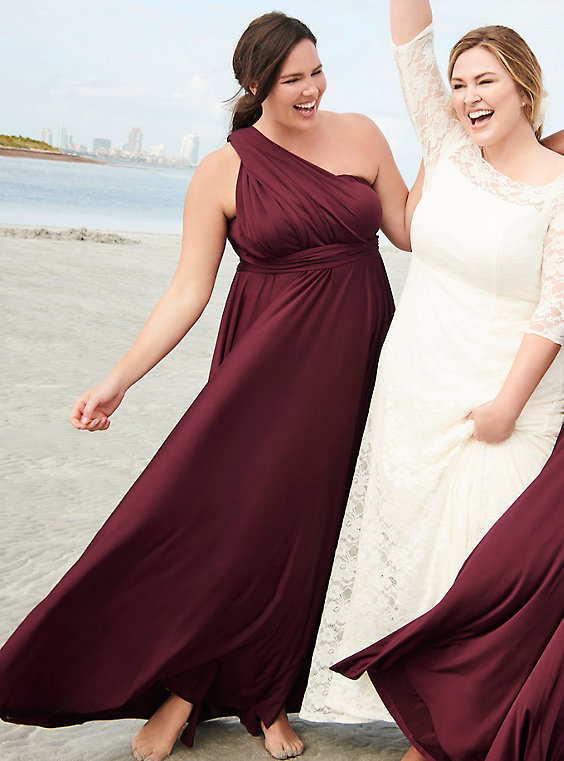 Plus Size - Special Occasion Burgundy Shiny Knit Convertible Maxi .