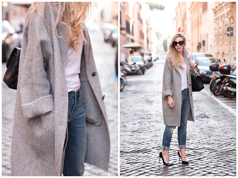 slouchy gray cocoon coat, oversized gray coat with boyfriend jeans .
