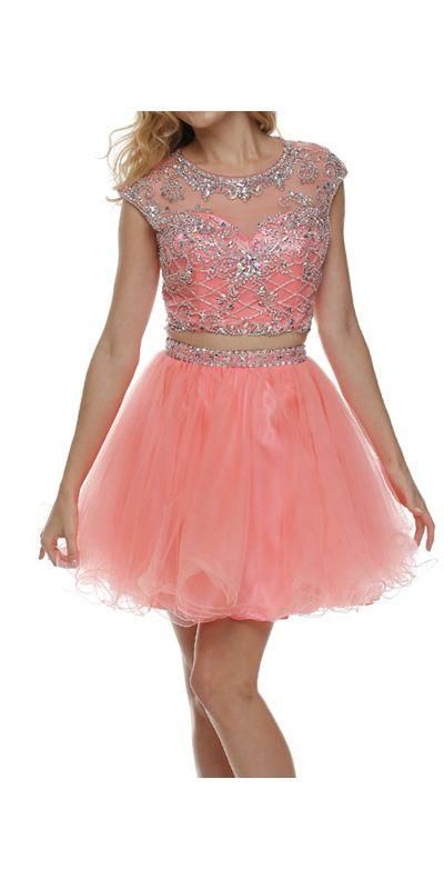 Cropped Bodice Jewel Neck Coral Short Puffy Prom Dress | Short .