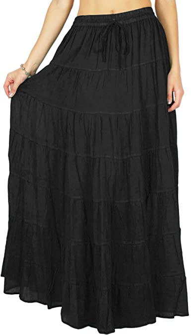 Phagun Women's Long Skirt Bohemian Gypsy Tiered Cotton Maxi Skirt .