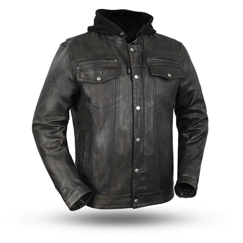 Leather Denim Style Motorcycle Jacket, Hooded, First MFG Vendet