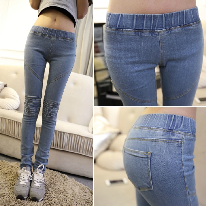 New women Slim wear white washed low rise jeans bottoming elastic .