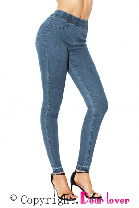 Cobalt Blue Elastic Waist Jeans Stretch Pants for Women [LC786031 .