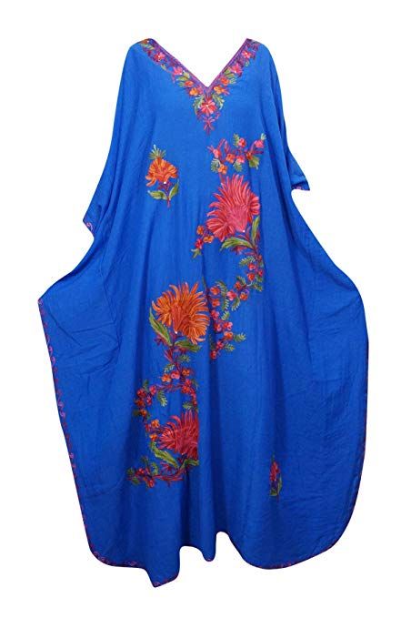 Mogul Interior Women Kaftan Maxi Dress Blue Embellished Resort .