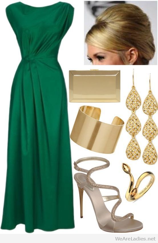 Nice emerald green dress with gold accessories | Emerald dresses .