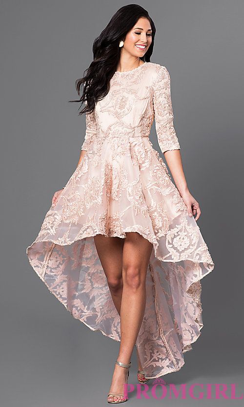 Image of high-low lace party dress with three-quarter sleeves .