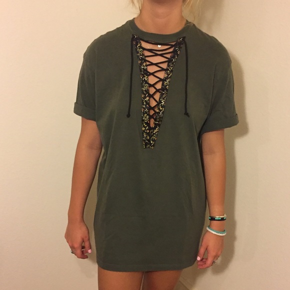 Free People Tops | Green Floral Lace Up T Shirt Dress | Poshma