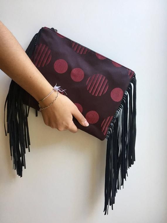 polka dot handbag, black leather fringe purse red Clutch gift for .