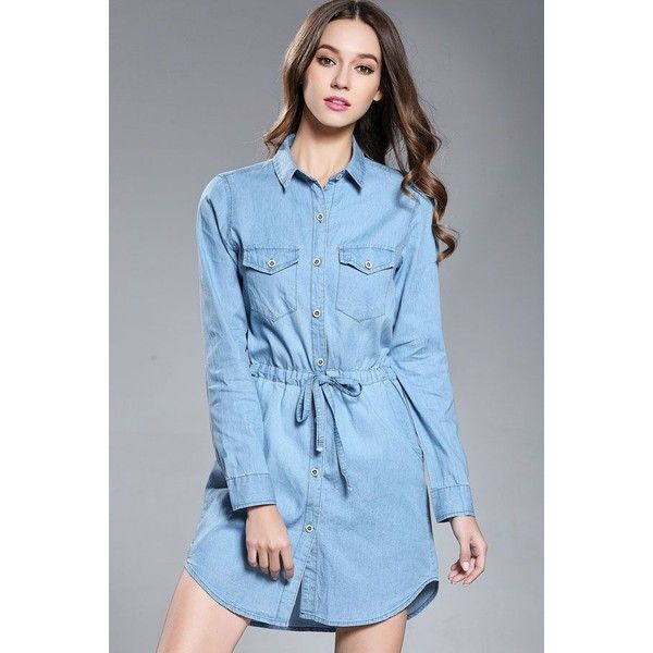 Light Blue Long Sleeve Drawstring Button Up Denim Shirt Dress (33 .