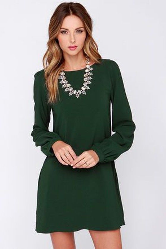 Green Plain Long Sleeve Fashion Mini Dress | Long sleeve shift .