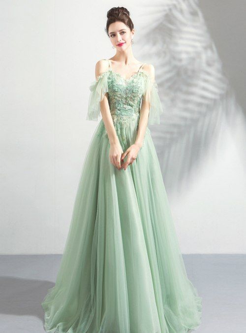 In Stock:Ship in 48 Hours Green Tulle Spaghetti Straps Appliques .