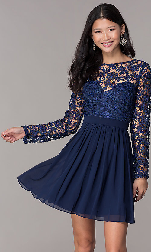 Short Homecoming Dress with Long-Sleeve Lace Bodi