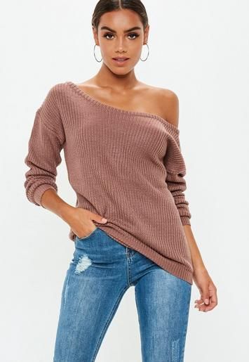 Mocha Off Shoulder Knitted Sweater | Missguided | Sweaters for .