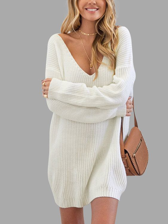 White Oversized Plunging V-neck Knit Sweater Dress | Women .