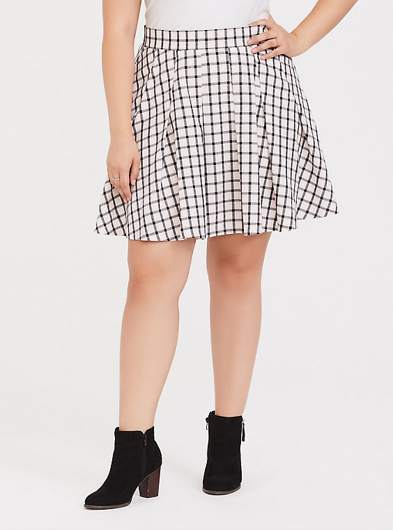 Plus Size - Pink & Black Plaid Twill Skater Skirt - Torr