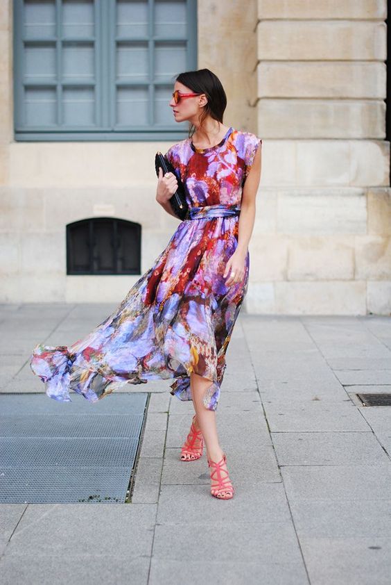 Picture Of very colorful printed watercolor midi dress and pink .