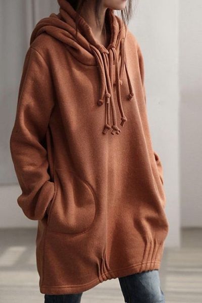 Solid Color Long Sleeve Loose Pullover Hoodie BROWN: Sweatshirts .
