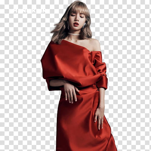 Lalisa Manoban wearing red one-shoulder dress transparent .