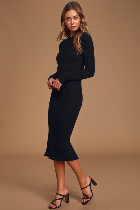 Cute Black Dress - Ribbed Sweater Dress - Midi Sweater Dress - Lul