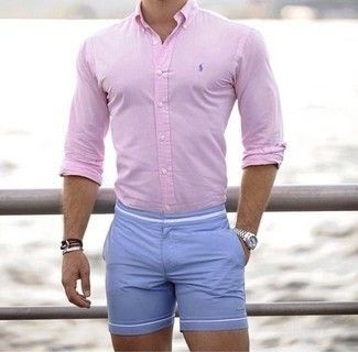 How to wear: silver watch, light blue shorts, pink dress shirt We .