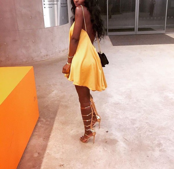 dress, yellow dress, yellow, gold, heels, strappy heels, lace up .