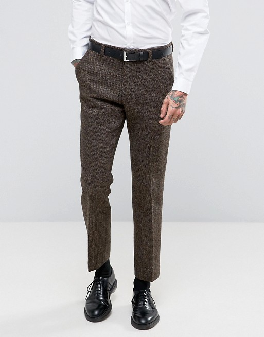 ASOS Slim Suit Pants in Brown Harris Tweed In Herringbone 100 .