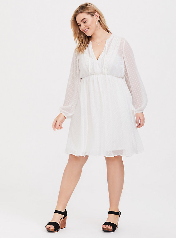 Plus Size - White Clip Dot Chiffon Babydoll Dress - Torr