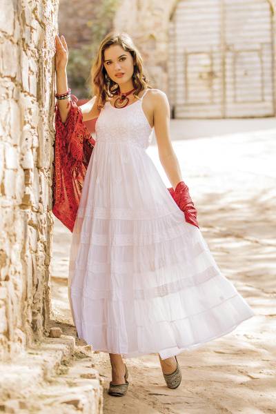 White Cotton Maxi Dress Handmade in India - Lucknow Summer | NOVI