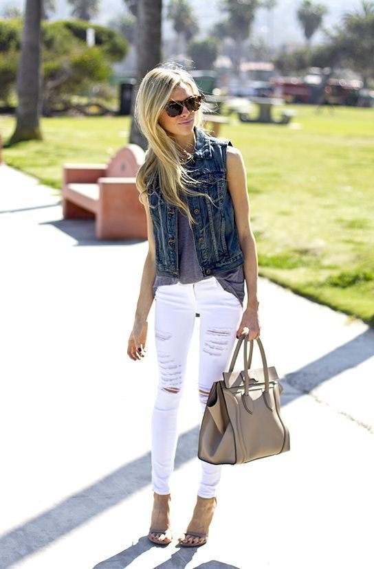 How To Wear Denim Vests | White denim outfit, White ripped jeans .