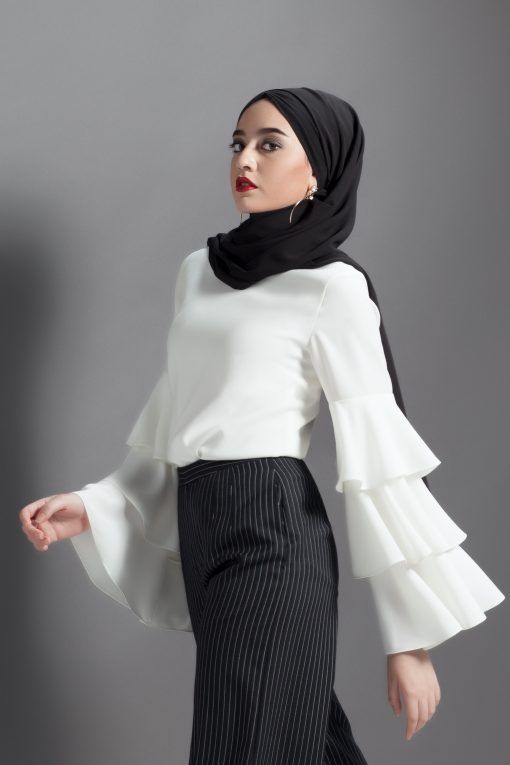 Ruffle Blouse | Norah Sleeve Top in White - Annalinar Modest Wear .
