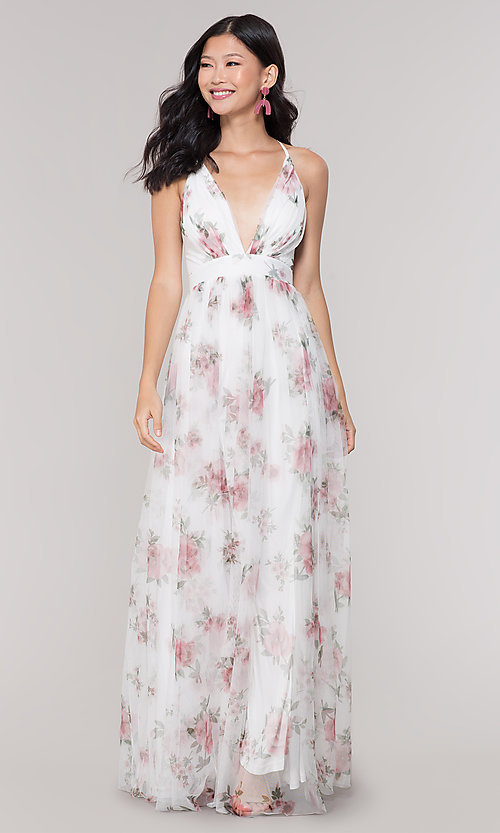 White V-Neck Long Floral-Print Prom Dress - PromGi