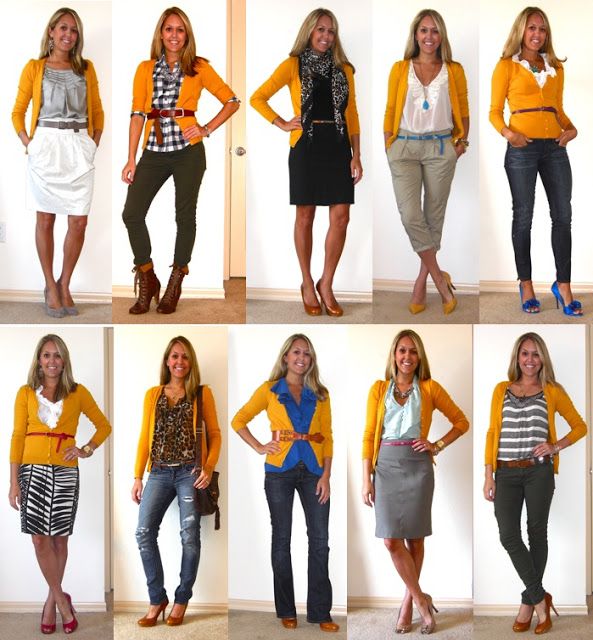 10 ways to wear a mustard cardigan | Yellow cardigan outfits .