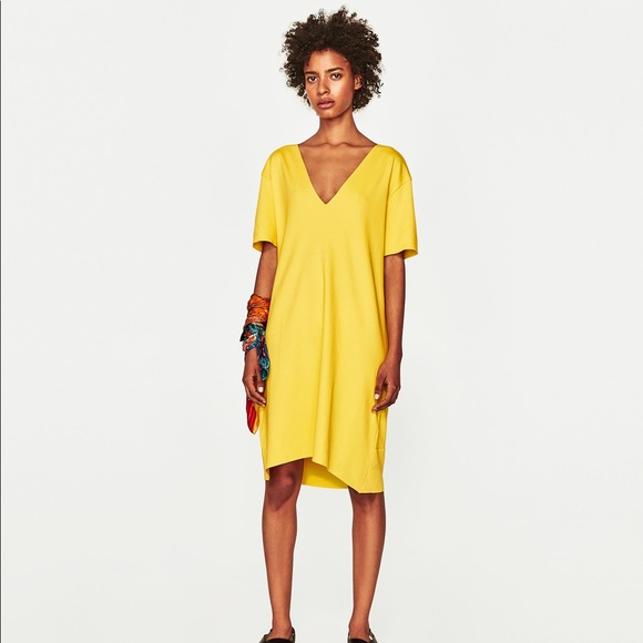 Zara Dresses | Nwt Yellow Tshirt Deep Vneck Dress | Poshma