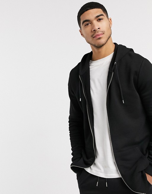 ASOS DESIGN longline zip up hoodie in black | AS