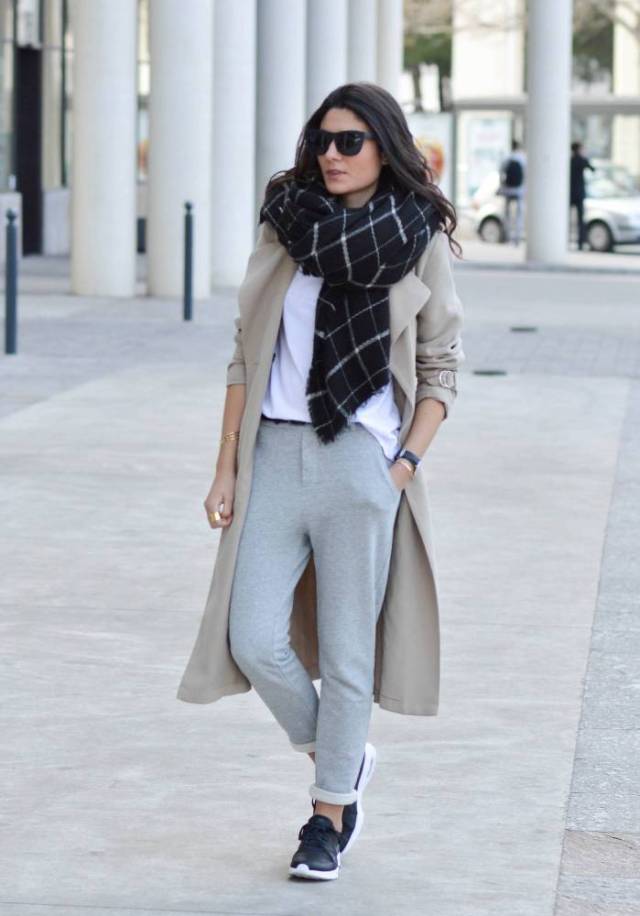 Jogger pants trench coat scarf
