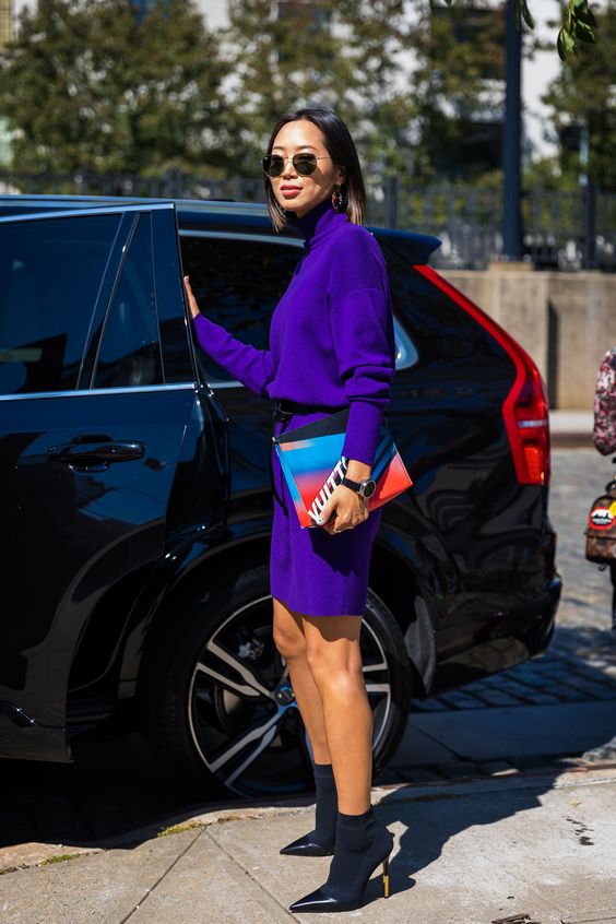 Purple belt sweater dress