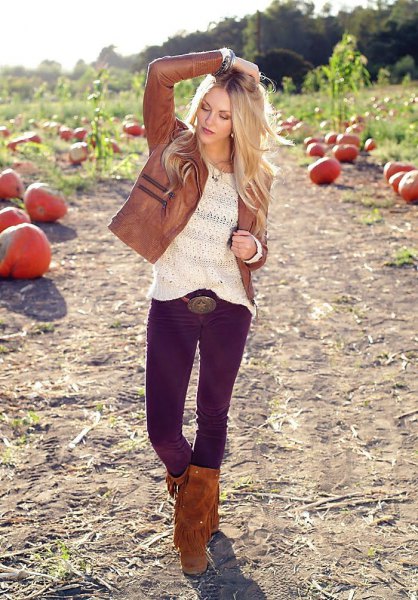 knee high fringed boots brown leather jacket