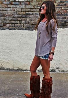 knee high fringed boots denim shorts outfit