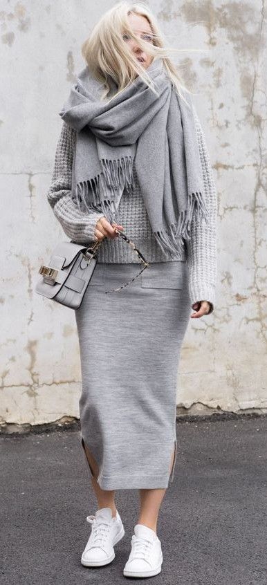 all grey. street style. everyday outfit. knit. midi skirt .