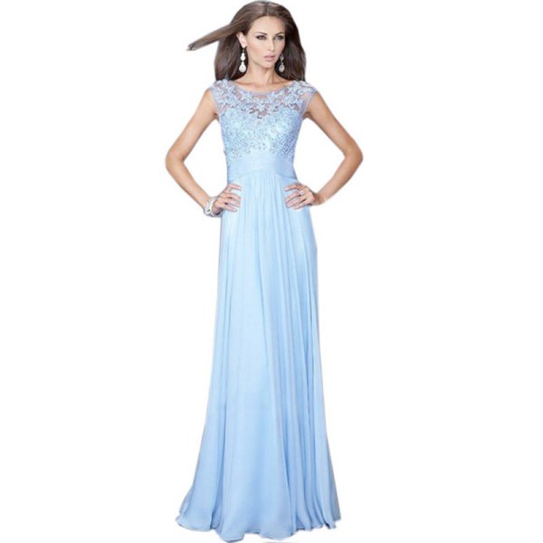 Floor-length chiffon dress with a lace fit and flare