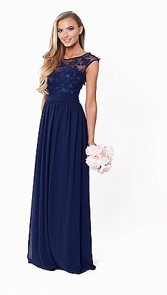 Lace Fit and Flare Pleated Maxi Navy Blue Navy Blue Dress