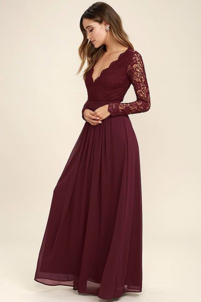 Lace sleeves scalloped deep chiffon dress with V-neck