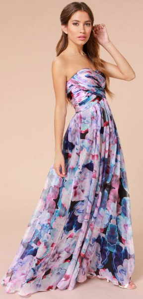 Strapless fit with lavender and purple floral print and floor-length dress with flare
