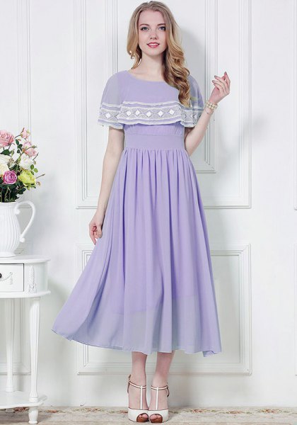 Lavender and White Folder One Shoulder Maxi Chiffon Dress