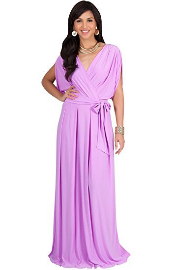 Floor-length wrap dress made of lavender with a statement chain