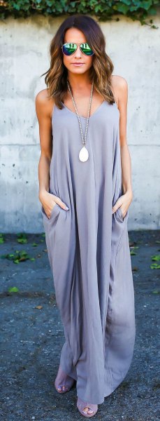 Lavender maxi shift dress with silver open toes