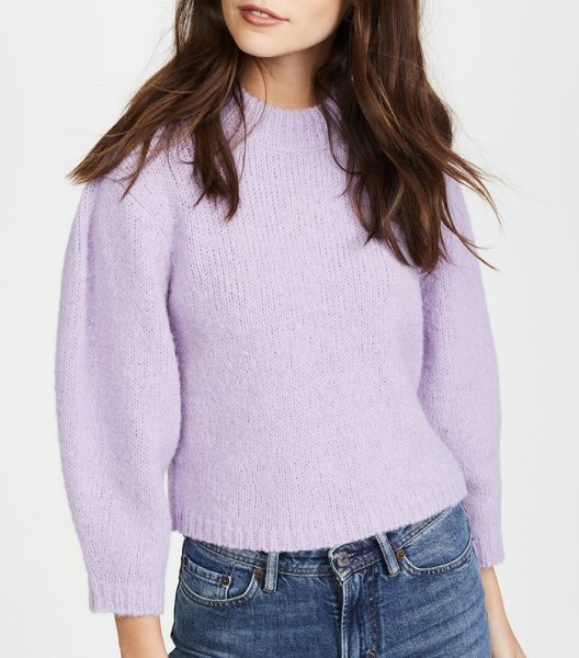 Lavender cropped sweater with medium waist jeans