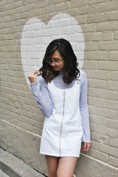 Lavender sweater with a white mini dress