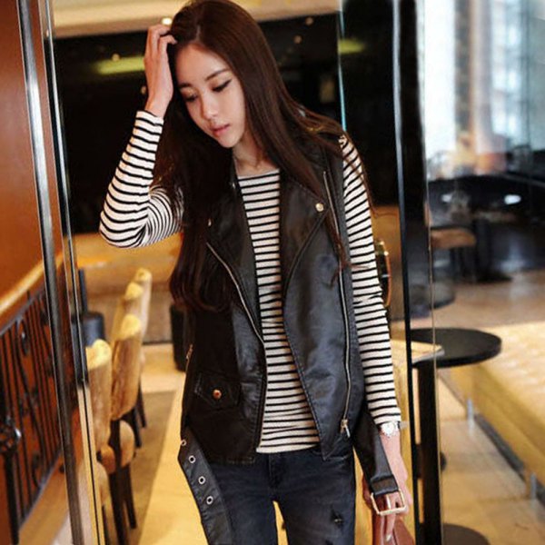 Leather vest with black and white striped long-sleeved T-shirt